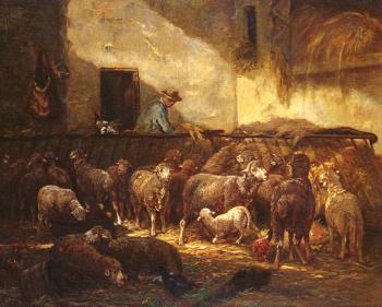 Charles Emile Jacque : A Flock Of Sheep In A Barn